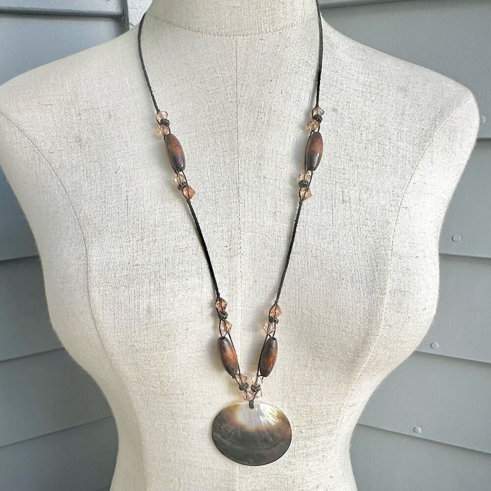 Abalone brown beaded long pendant necklace